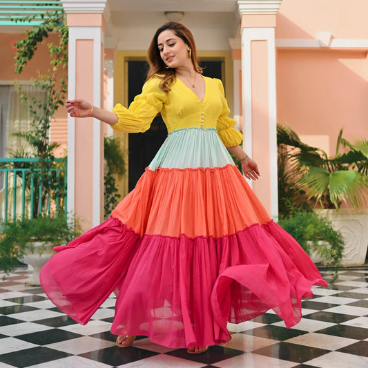 Sunburst Multicolor Tiered Maxi Dress