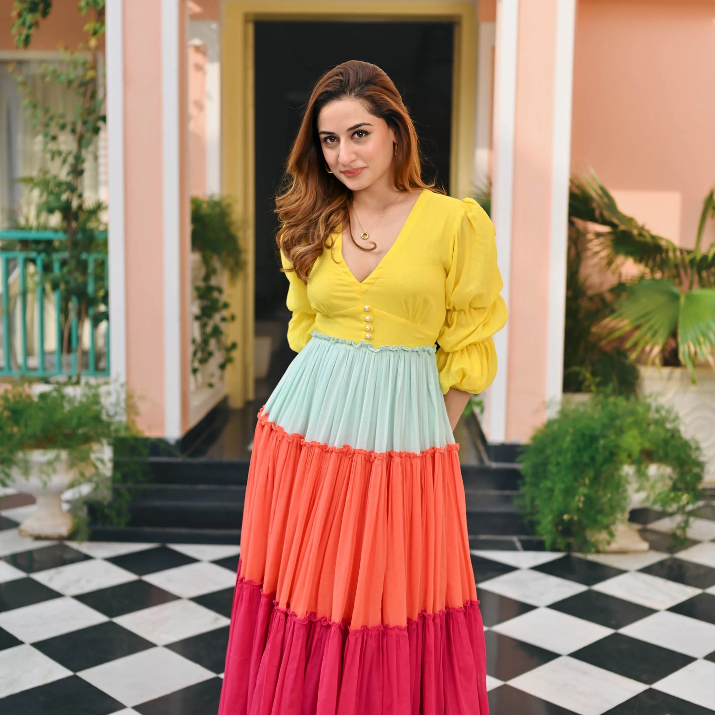 Sunburst Multicolor Tiered Maxi Dress