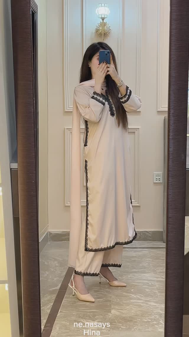 Beige Kurta Pant Dupatta Set with Black Lace Accents