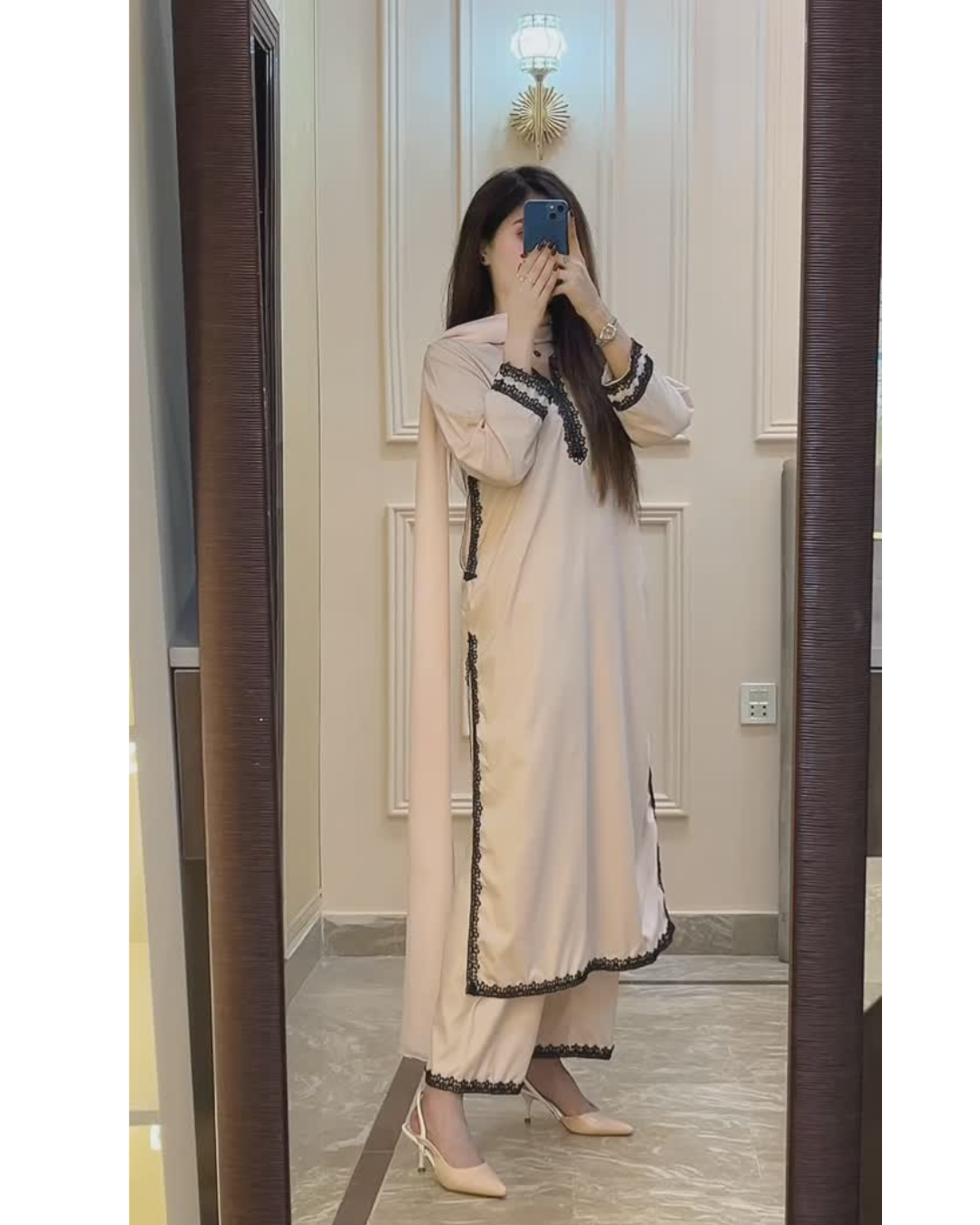 Beige Kurta Pant Dupatta Set with Black Lace Accents