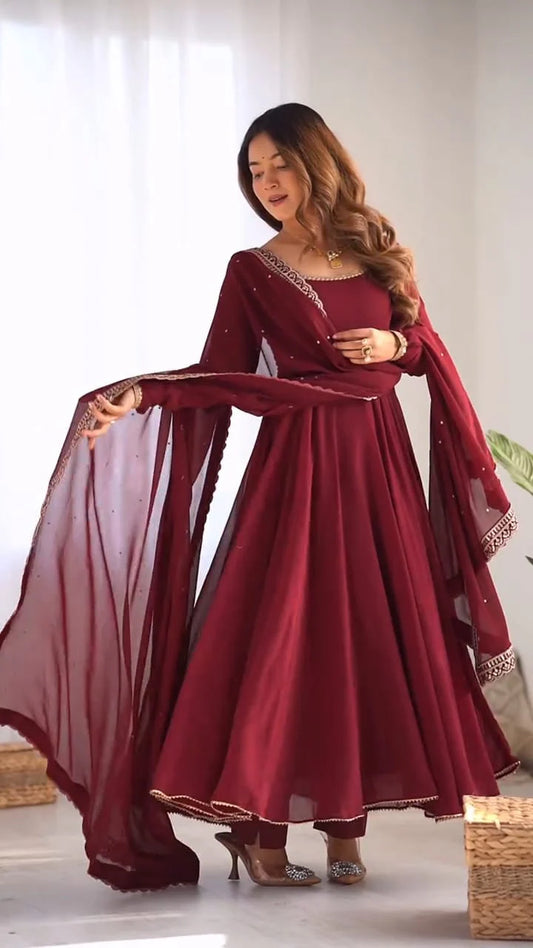 Crimson Elegance Embroidered Anarkali Suit