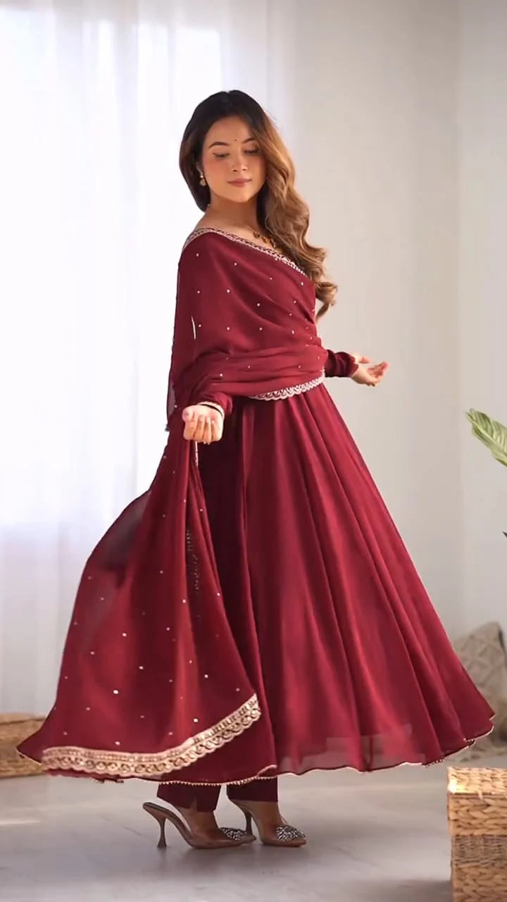 Crimson Elegance Embroidered Anarkali Suit