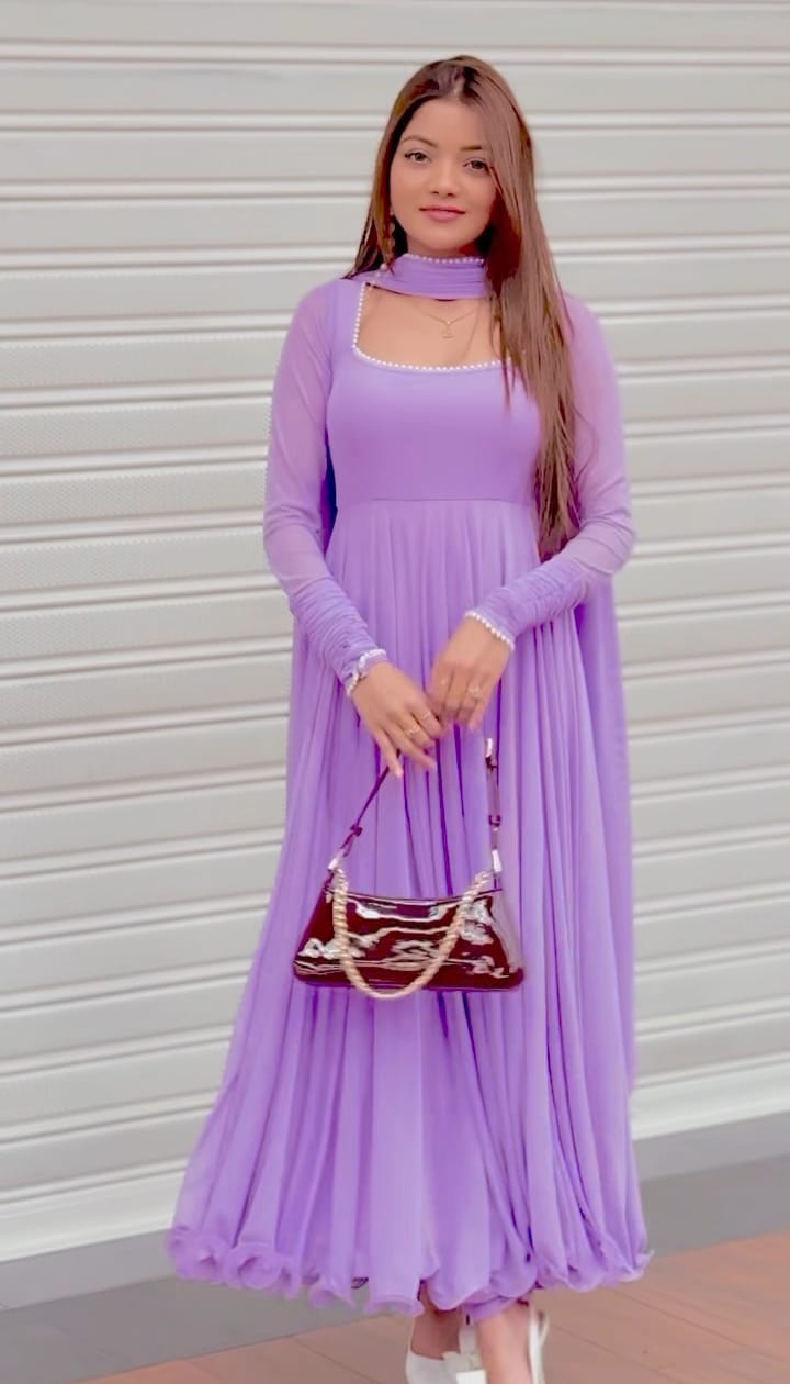 "Lila" - Lavender Georgette Anarkali Suit Set with Pompom Lace