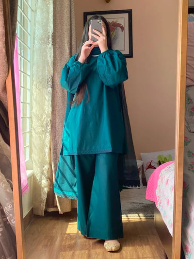 Teal Blue Cotton Kurta Set for Women Kurta Pant and Dupatta Set