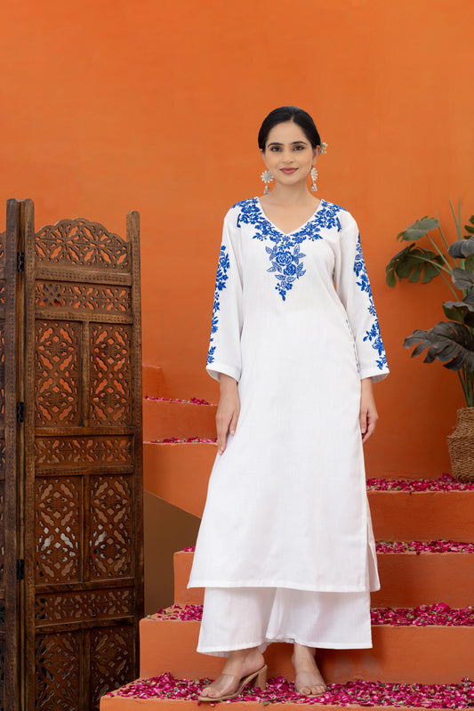 Noor-e-Indigo: White Embroidered Phiran Kurta Set