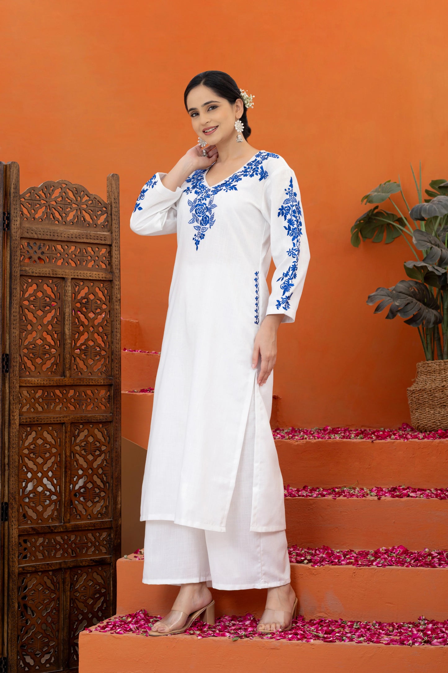 Noor-e-Indigo: White Embroidered Phiran Kurta Set
