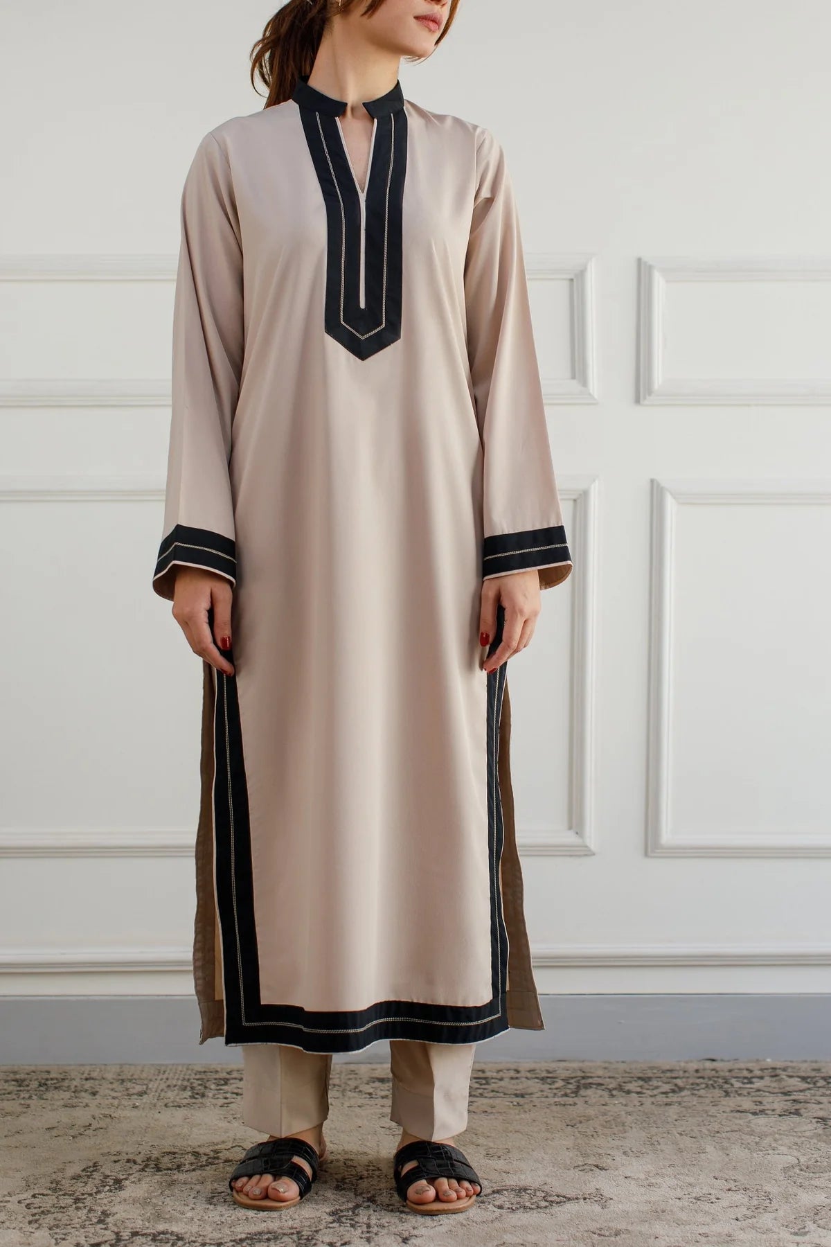 Ivory Noir – Beige &amp; Black Contrast Rayon Kurta Set