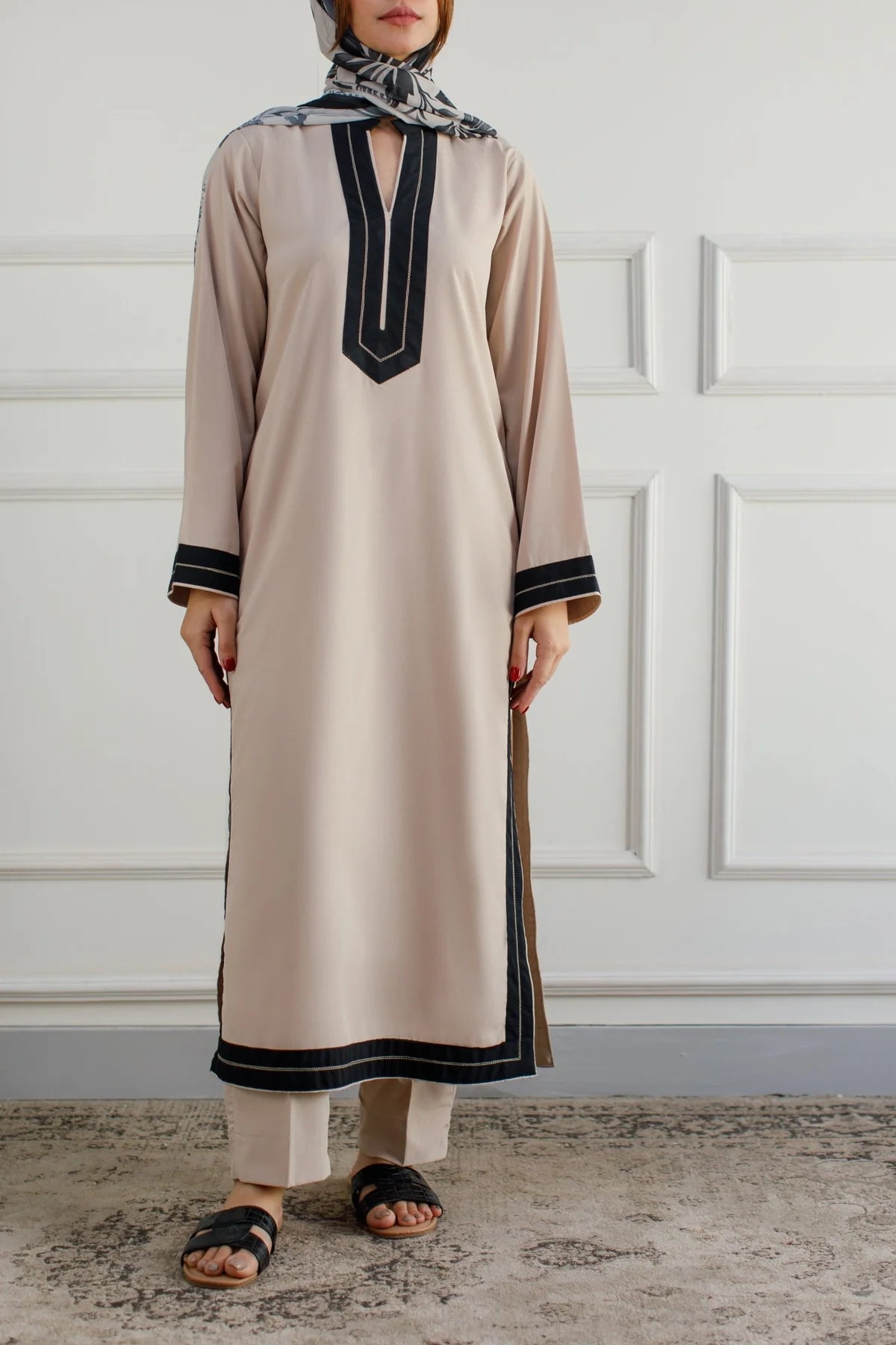 Ivory Noir – Beige &amp; Black Contrast Rayon Kurta Set