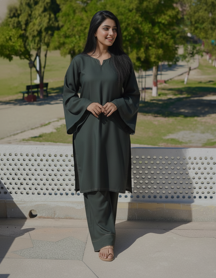 "Vana" - Dark Green Rayon Kurta Set with Bell Sleeves
