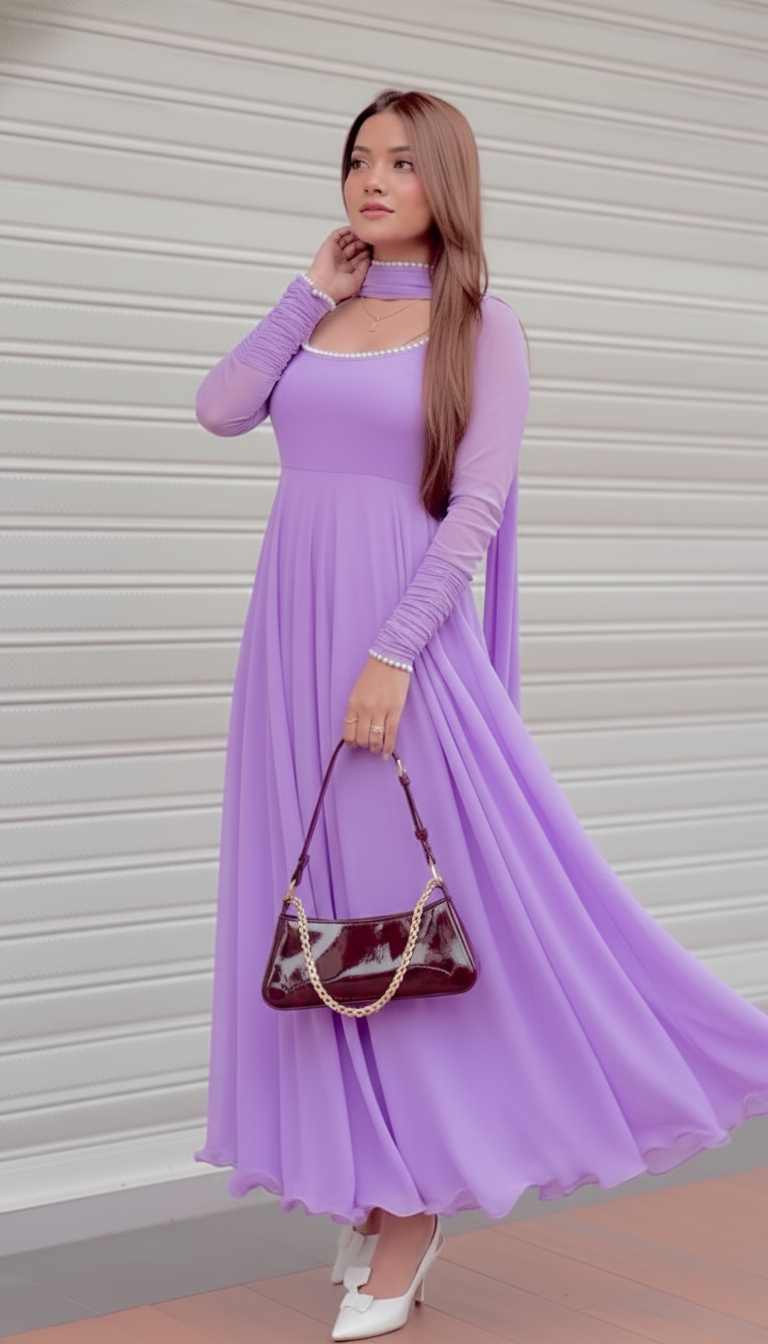 "Lila" - Lavender Georgette Anarkali Suit Set with Pompom Lace