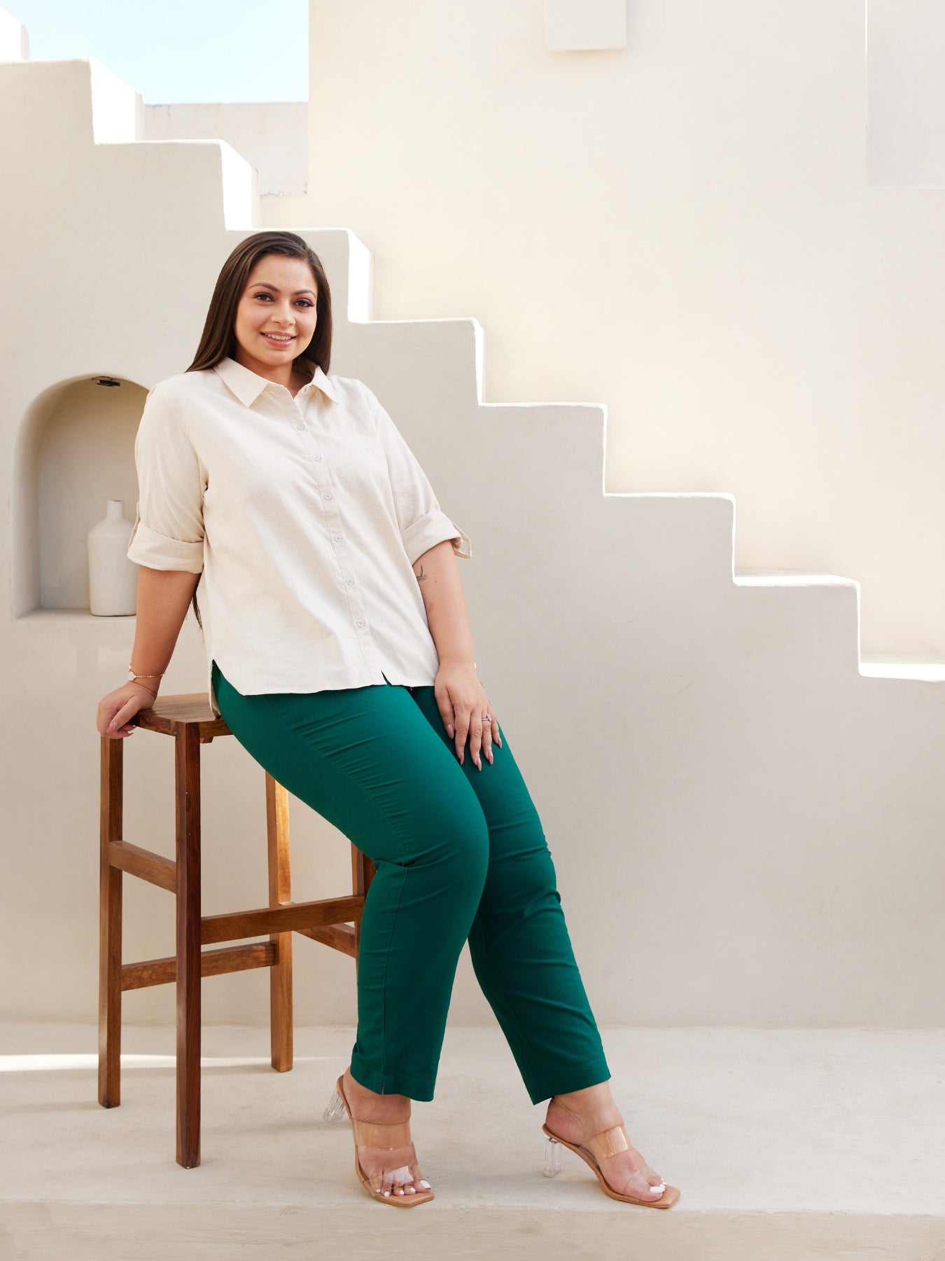 Vedora Essentials: Bottle Green Cotton Pants – Comfort in Every Size