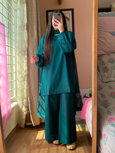 Teal Blue Cotton Kurta Set for Women Kurta Pant and Dupatta Set