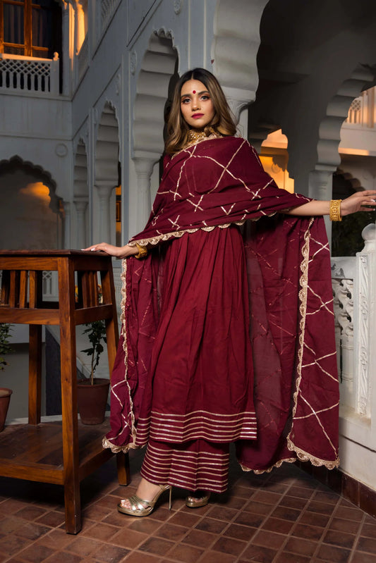 Gotta Jaal Elegance – Maroon Cotton Anarkali Set