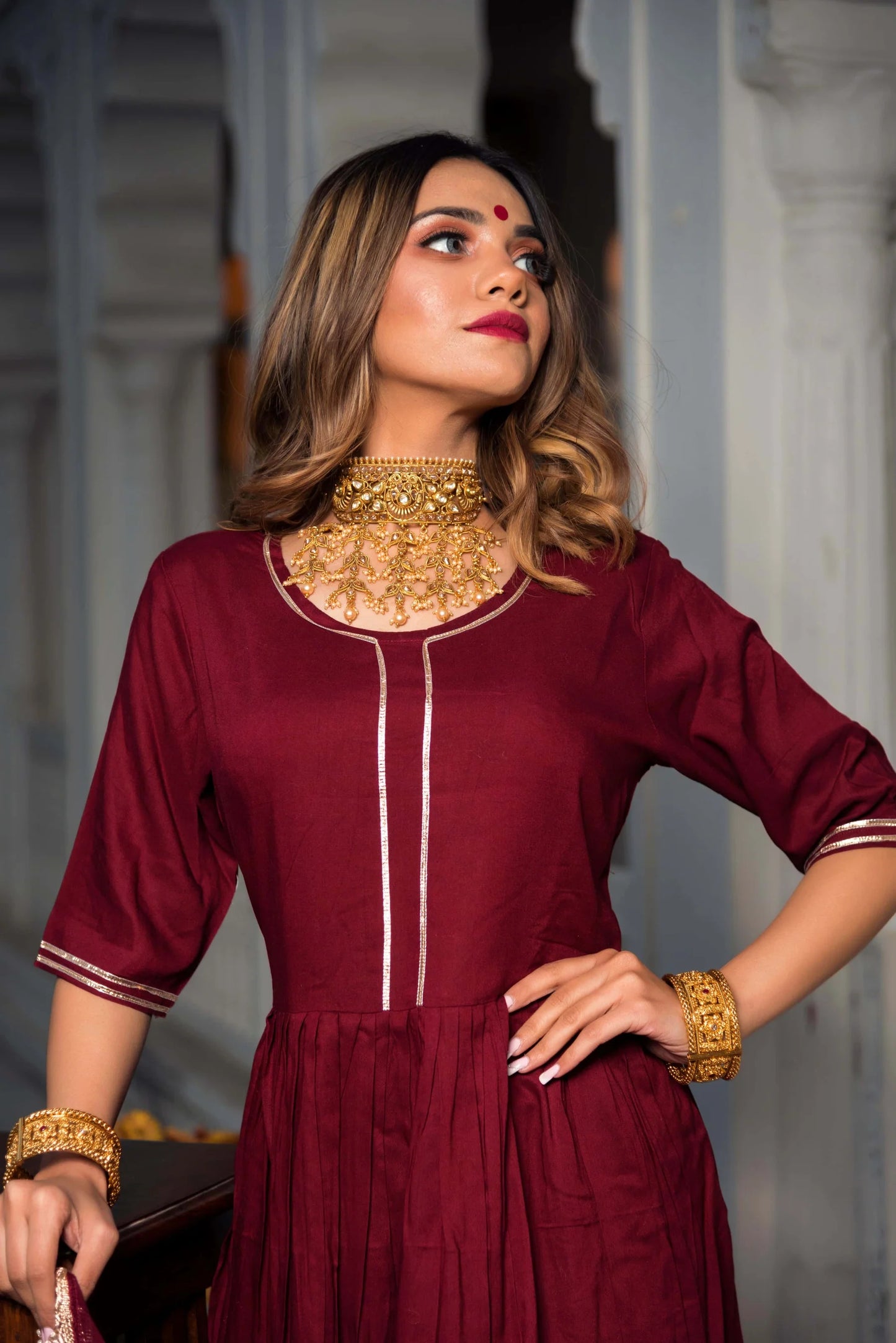 Gotta Jaal Elegance – Maroon Cotton Anarkali Set