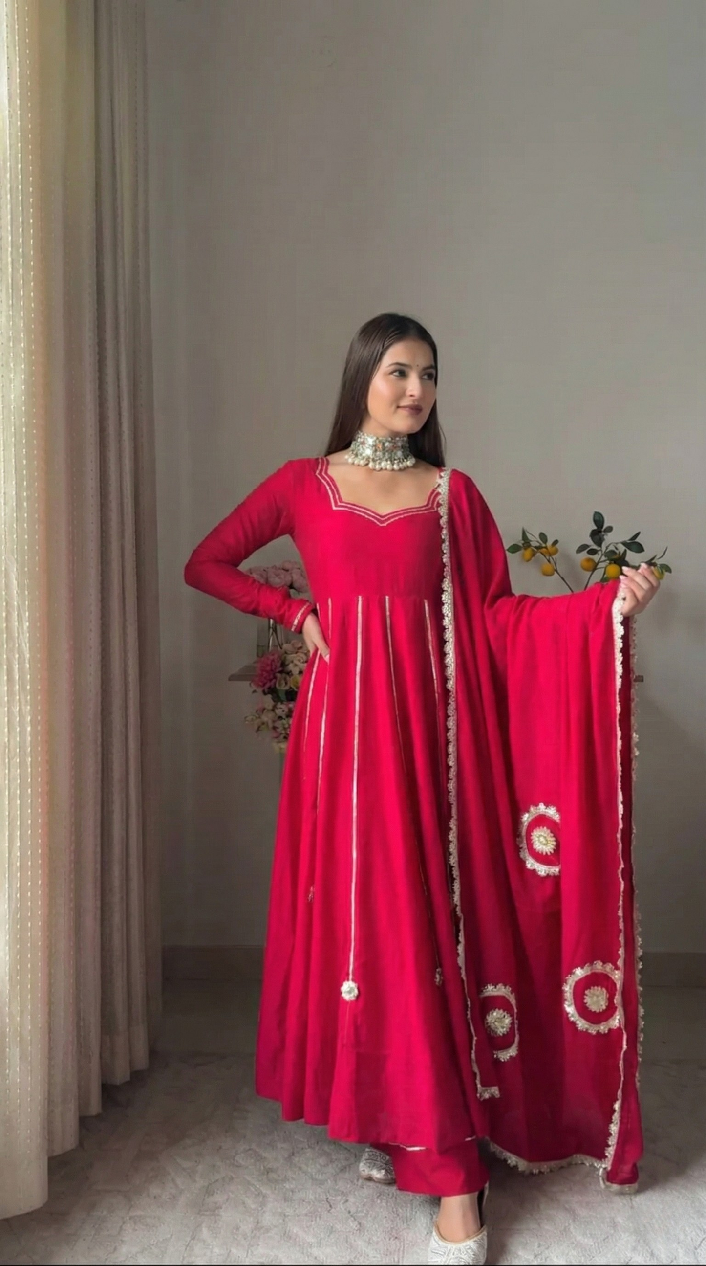 "Arka" - Vibrant Red Georgette Anarkali Suit Set with Gold Gota
