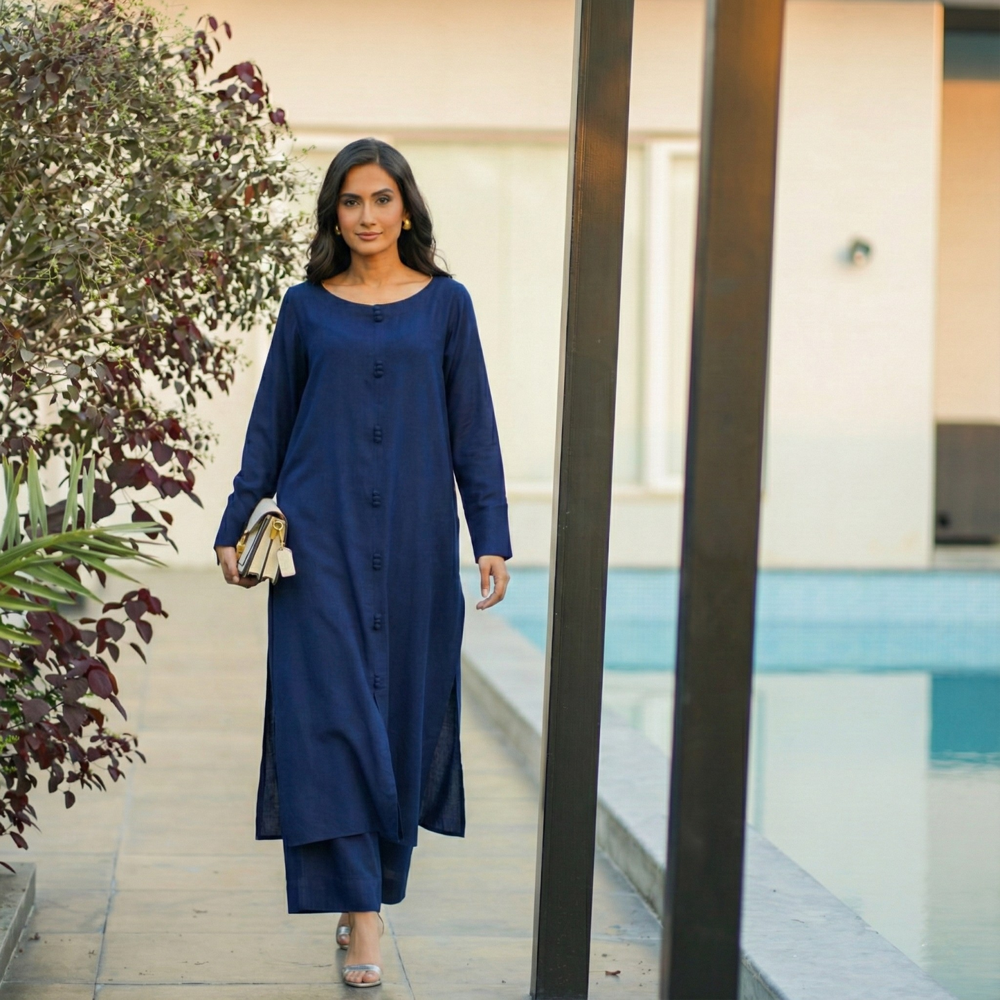 "Neelam" - Navy Blue Solid Rayon Button-Down Kurta Set