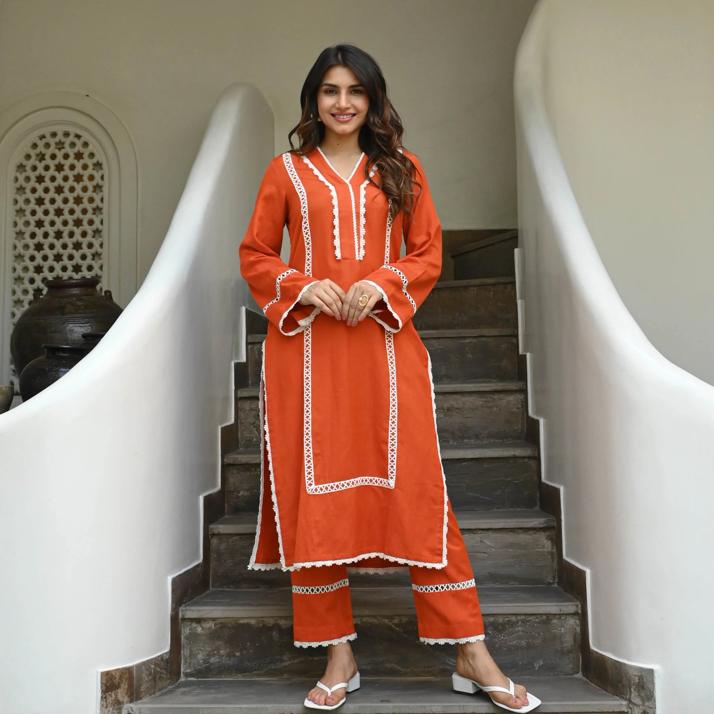 "Aruna" - Vibrant Orange Cotton Kurta Set with White Lace