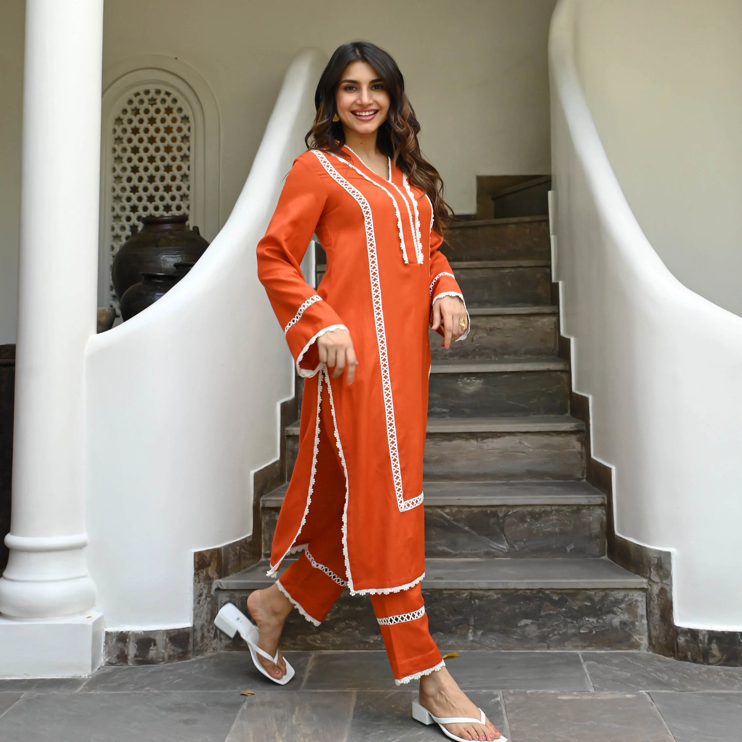 "Aruna" - Vibrant Orange Cotton Kurta Set with White Lace