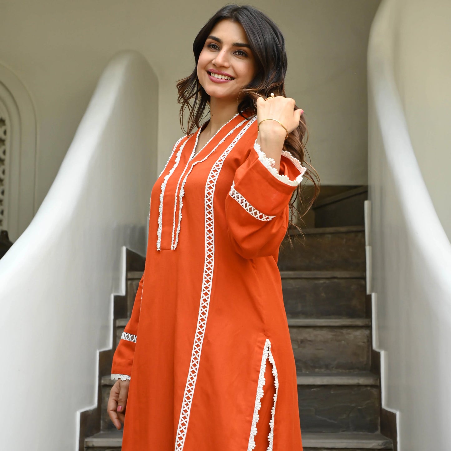 "Aruna" - Vibrant Orange Cotton Kurta Set with White Lace