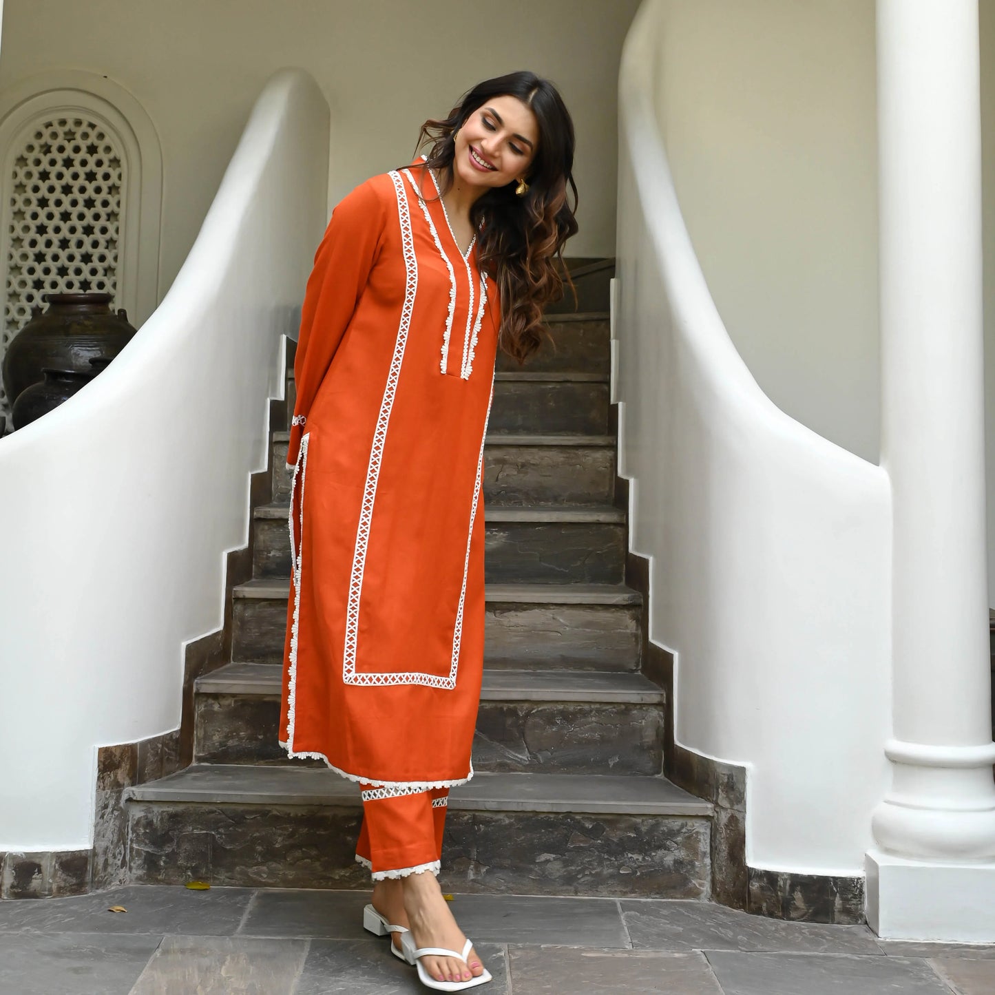 "Aruna" - Vibrant Orange Cotton Kurta Set with White Lace