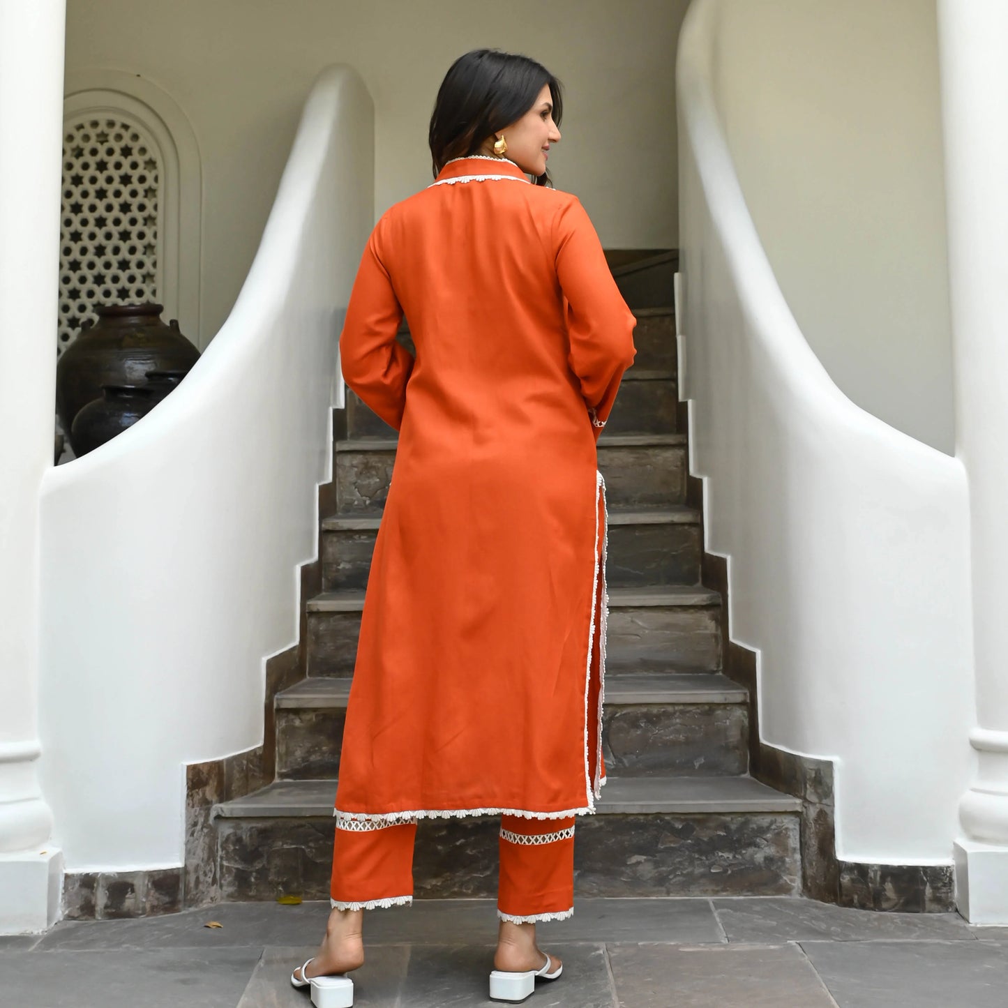 "Aruna" - Vibrant Orange Cotton Kurta Set with White Lace