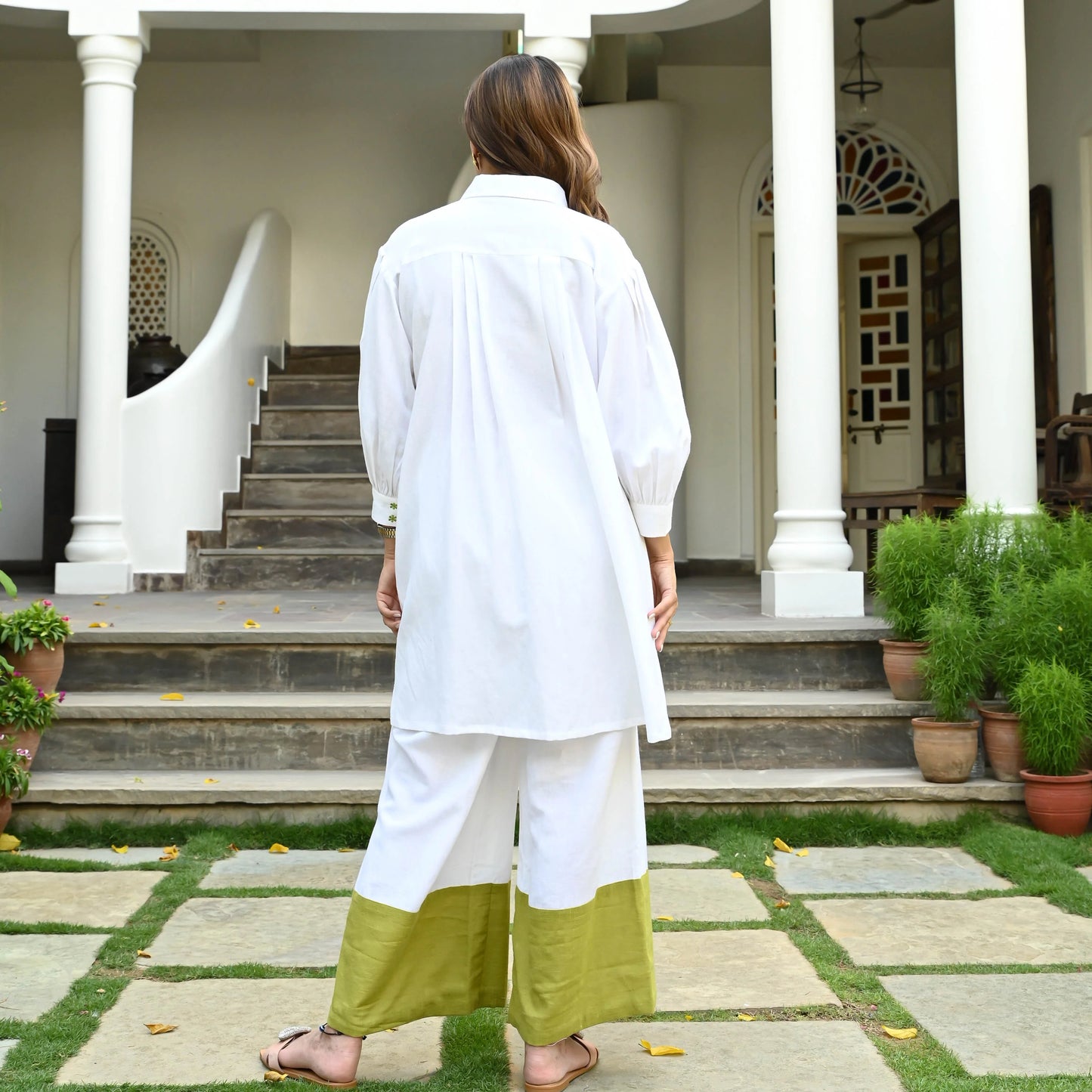 "Sheetal" - White & Lime Color Block Cotton Co-ord Set