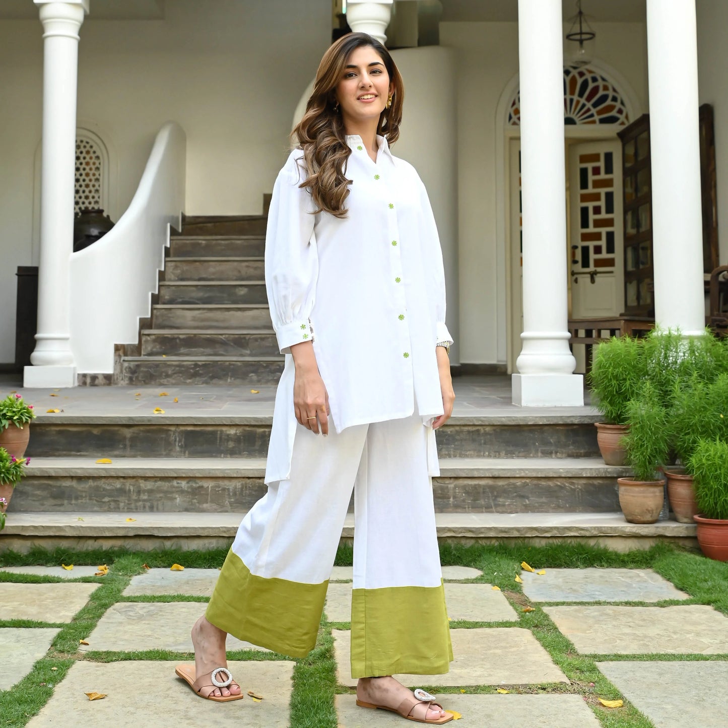 "Sheetal" - White & Lime Color Block Cotton Co-ord Set
