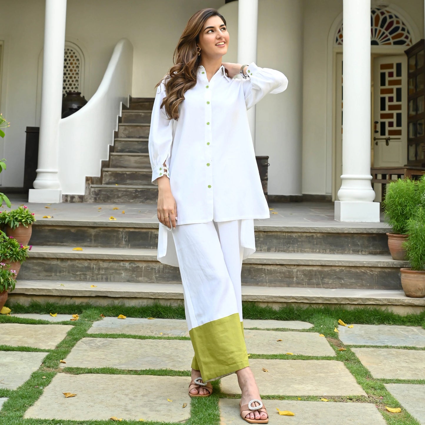 "Sheetal" - White & Lime Color Block Cotton Co-ord Set