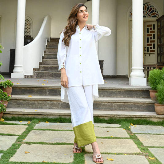 "Sheetal" - White & Lime Color Block Cotton Co-ord Set