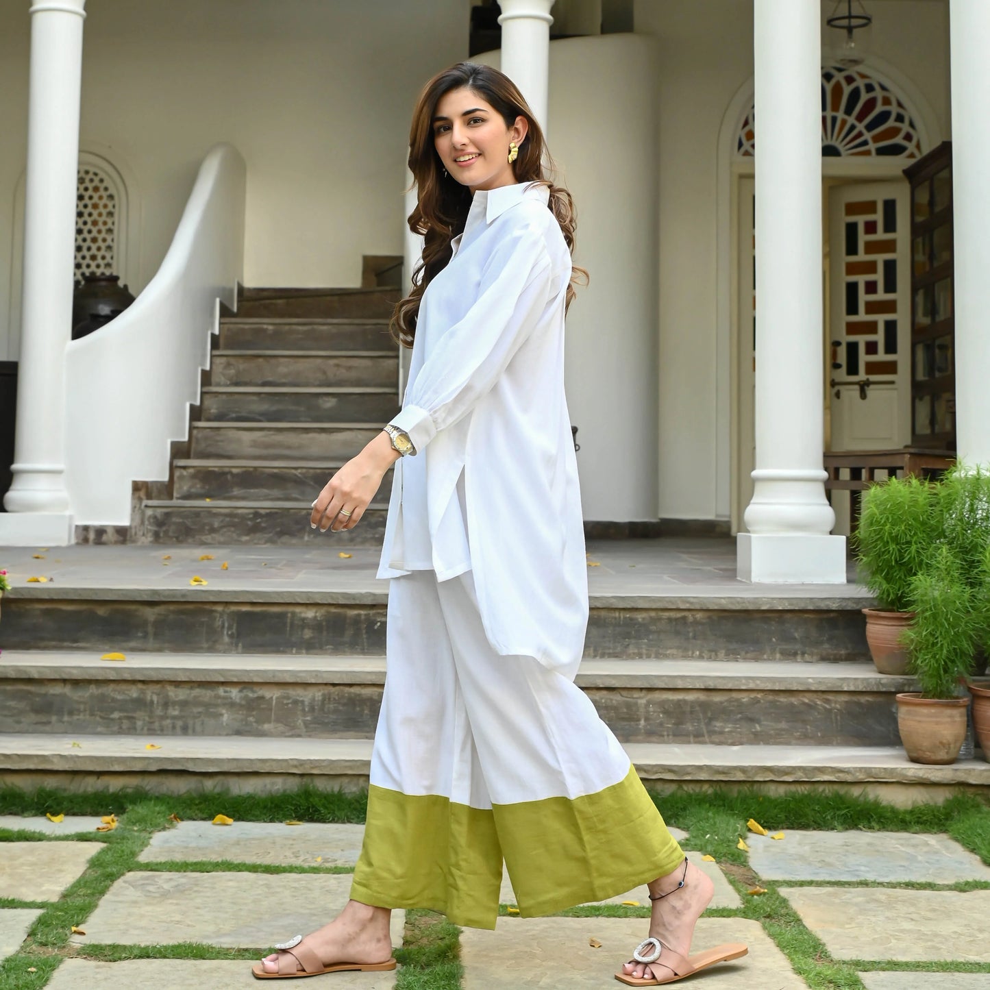 "Sheetal" - White & Lime Color Block Cotton Co-ord Set