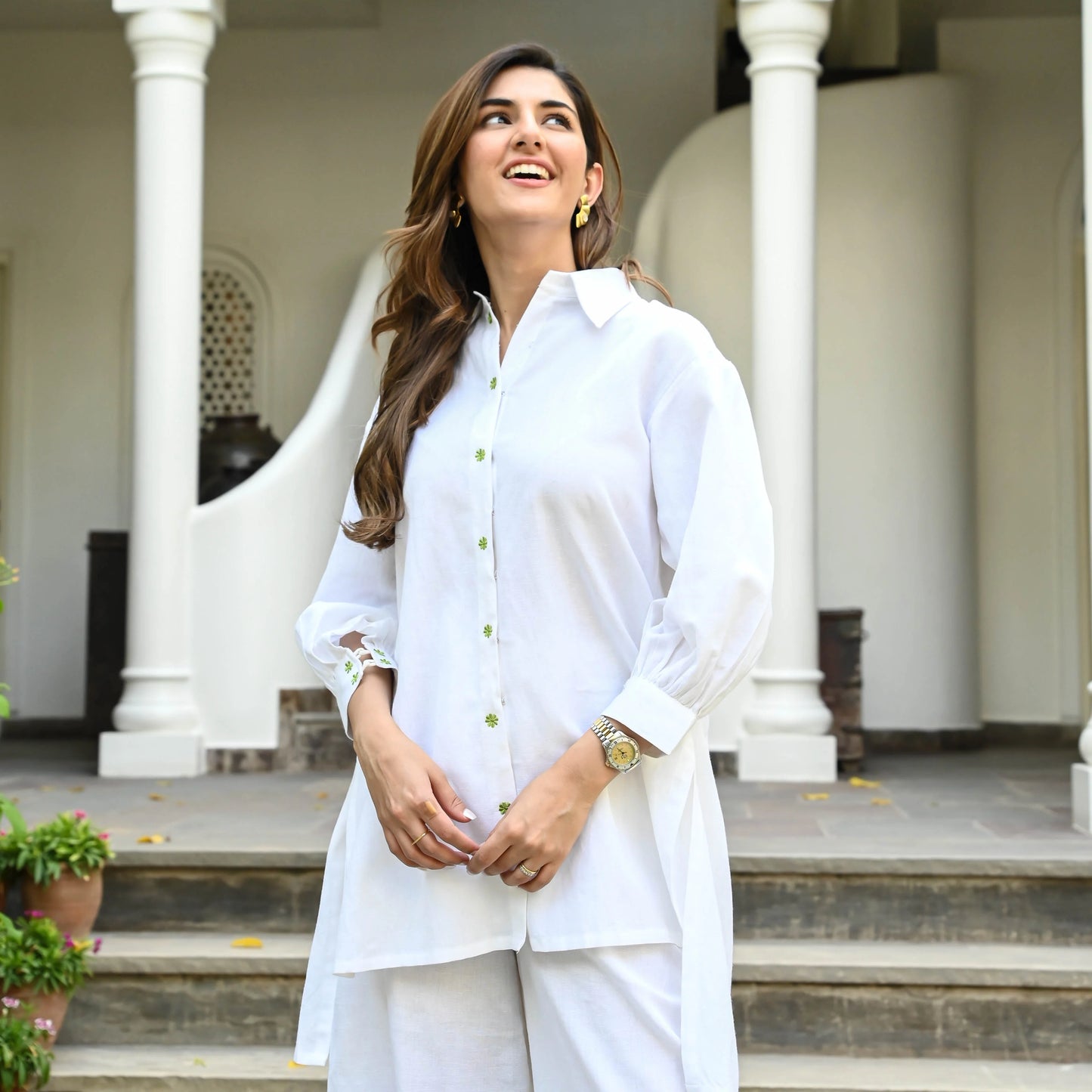 "Sheetal" - White & Lime Color Block Cotton Co-ord Set