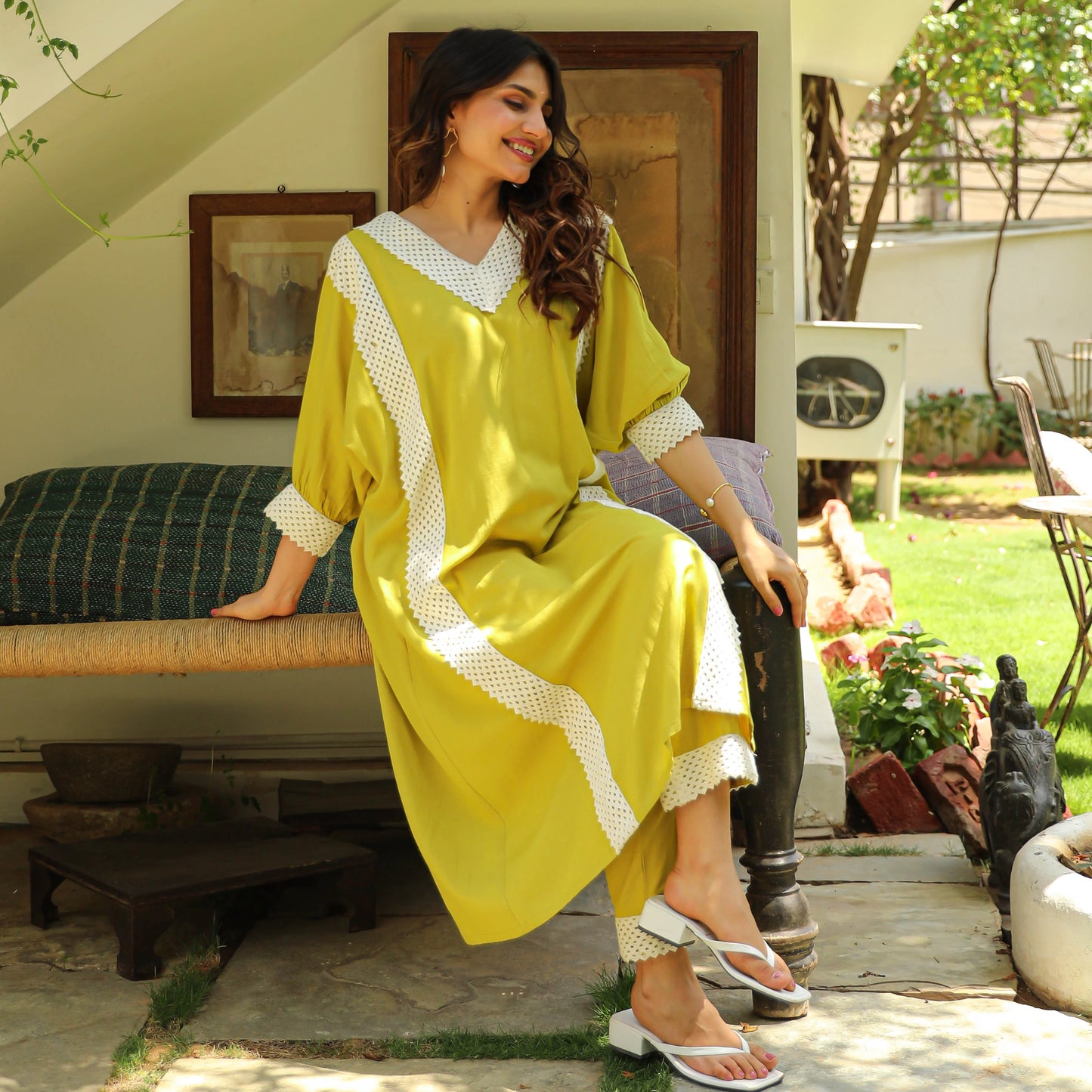 "Amrita" - Zesty Lime Cotton Kurta Set with White Lace