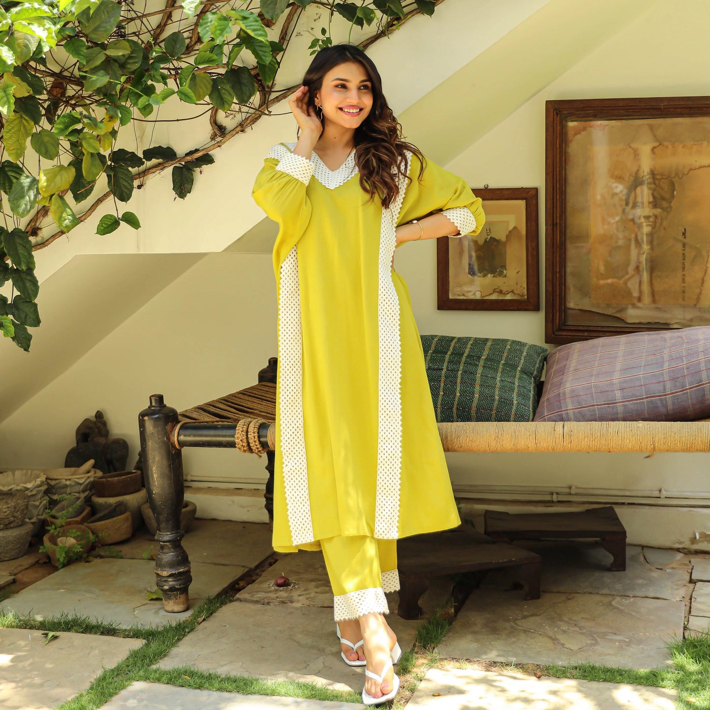 "Amrita" - Zesty Lime Cotton Kurta Set with White Lace
