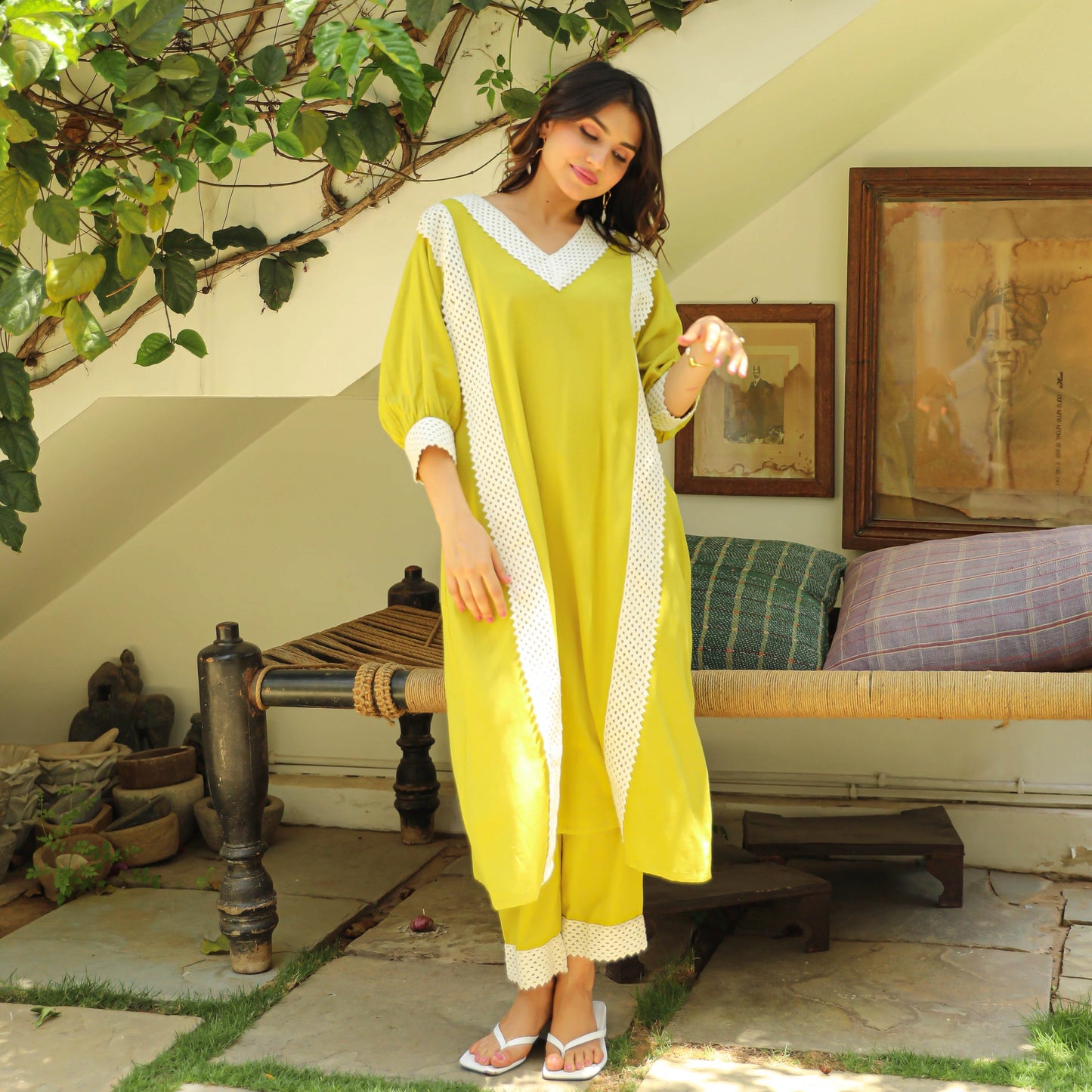 "Amrita" - Zesty Lime Cotton Kurta Set with White Lace