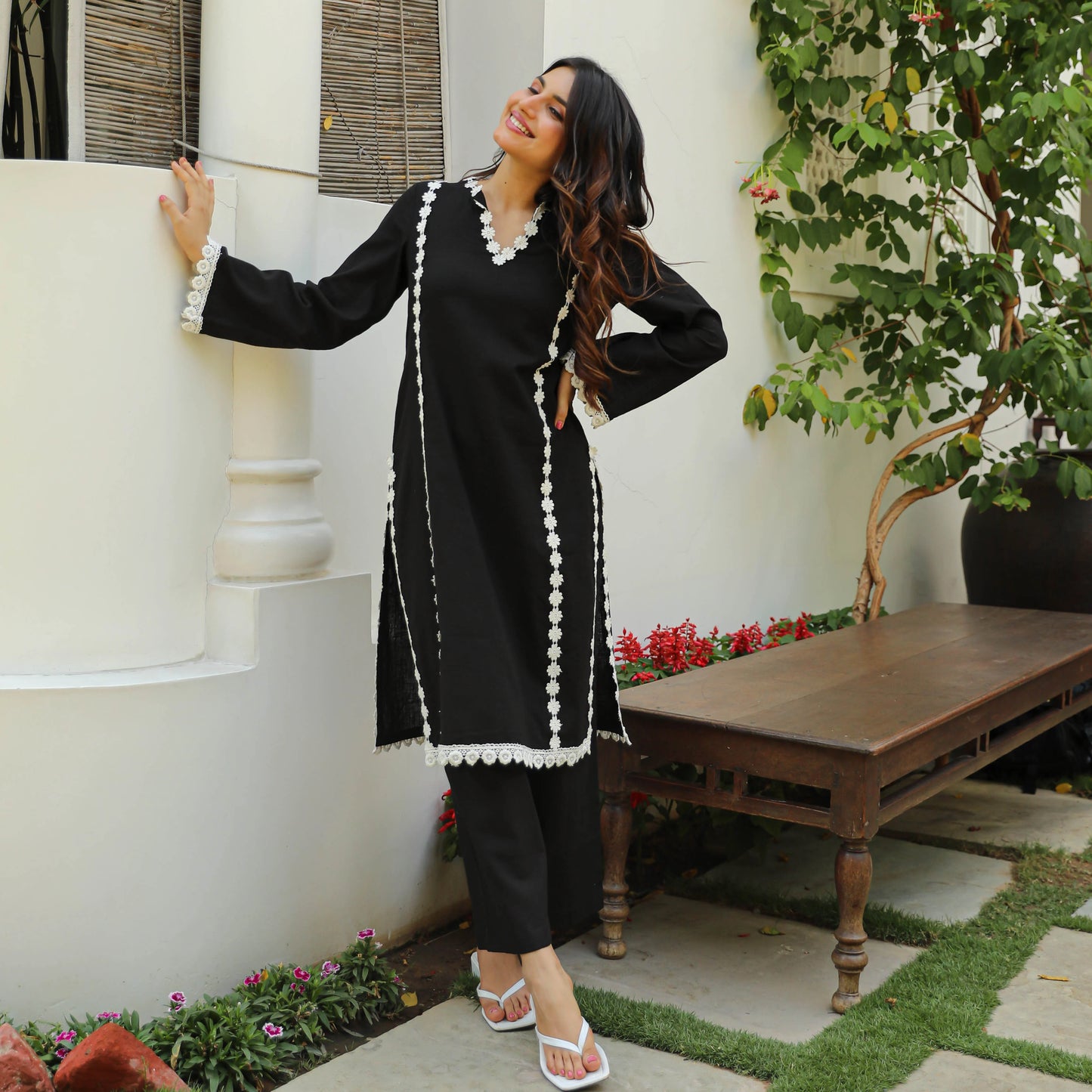 "Hansa" - Black Cotton Flex Kurta Set with White Scallop Lace