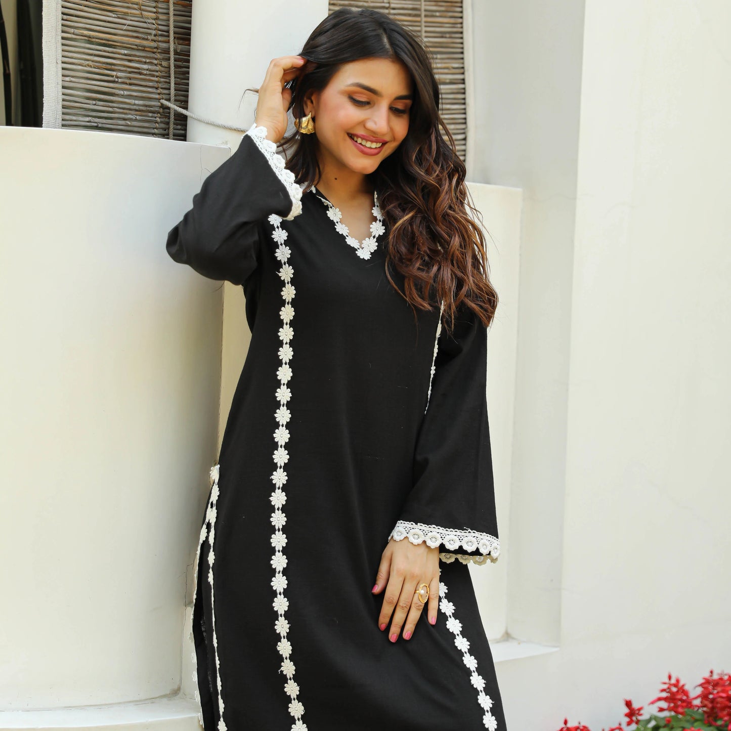 "Hansa" - Black Cotton Flex Kurta Set with White Scallop Lace