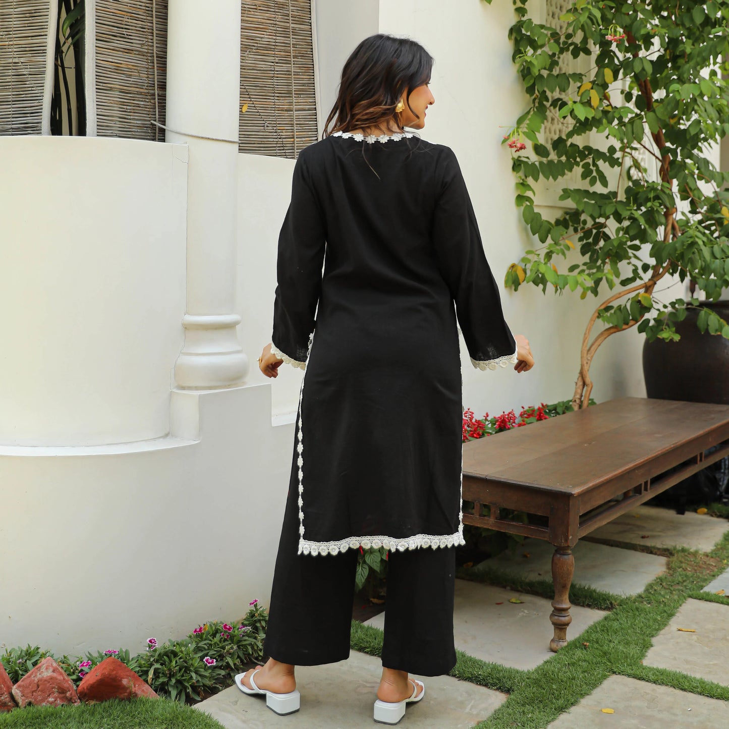 "Hansa" - Black Cotton Flex Kurta Set with White Scallop Lace