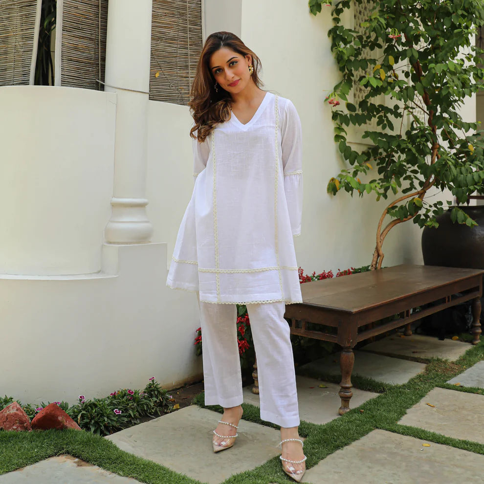 "Dayal" - Graceful White Cotton A-line Tunic & Straight Pants Set