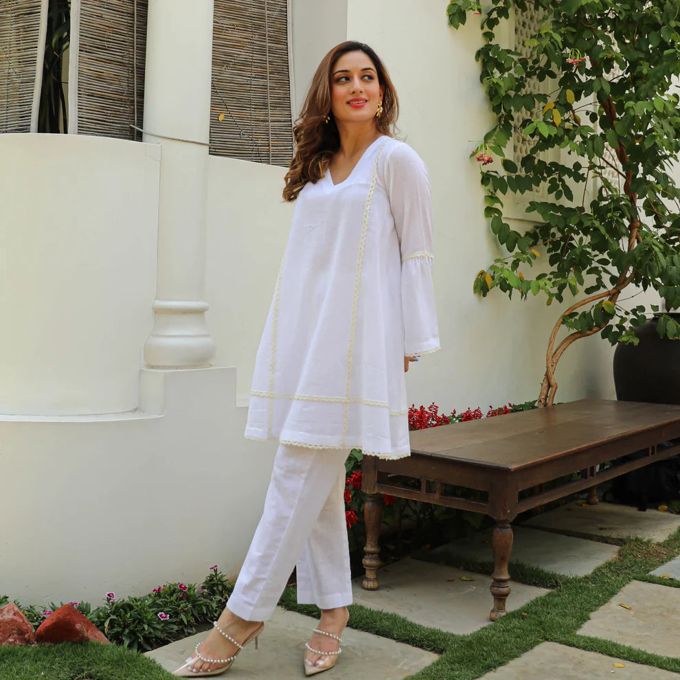 "Dayal" - Graceful White Cotton A-line Tunic & Straight Pants Set
