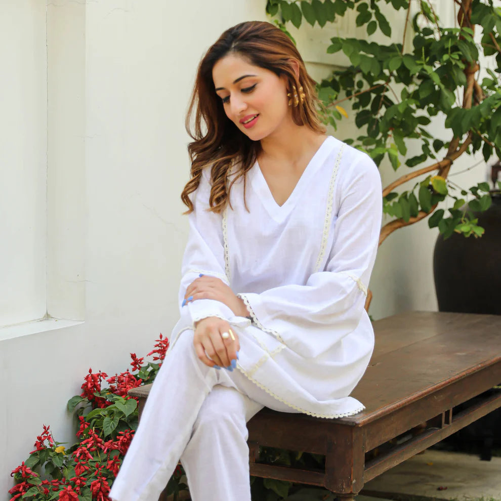 "Dayal" - Graceful White Cotton A-line Tunic & Straight Pants Set