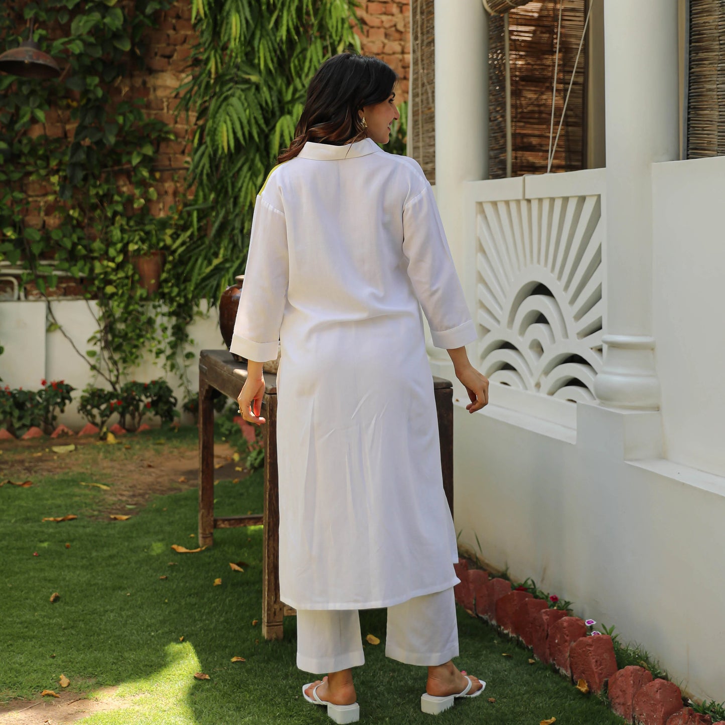 "Rekha" - White & Lime Color Block Shirt Co-ord Set