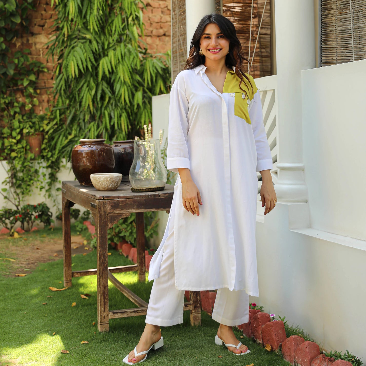 "Rekha" - White & Lime Color Block Shirt Co-ord Set