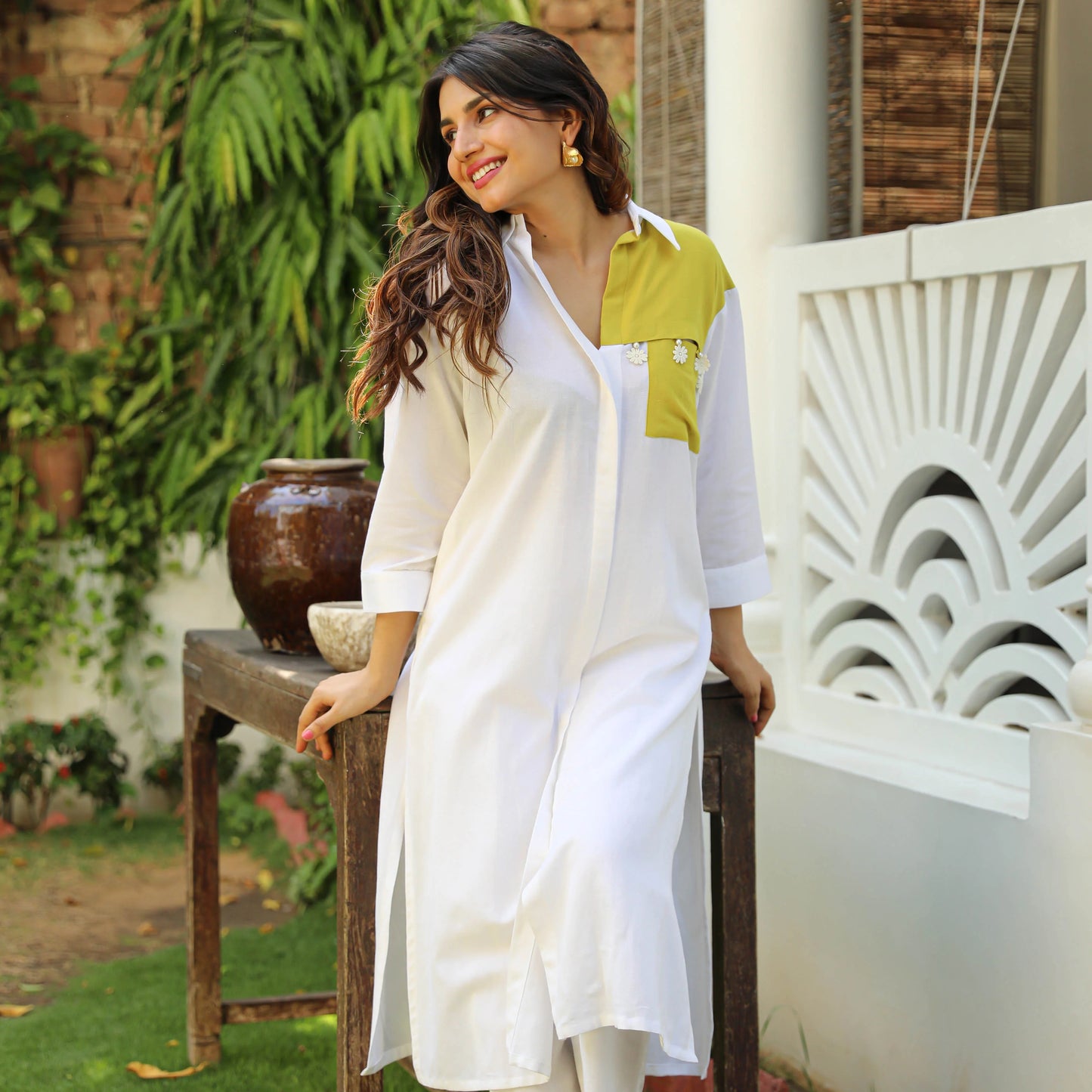 "Rekha" - White & Lime Color Block Shirt Co-ord Set