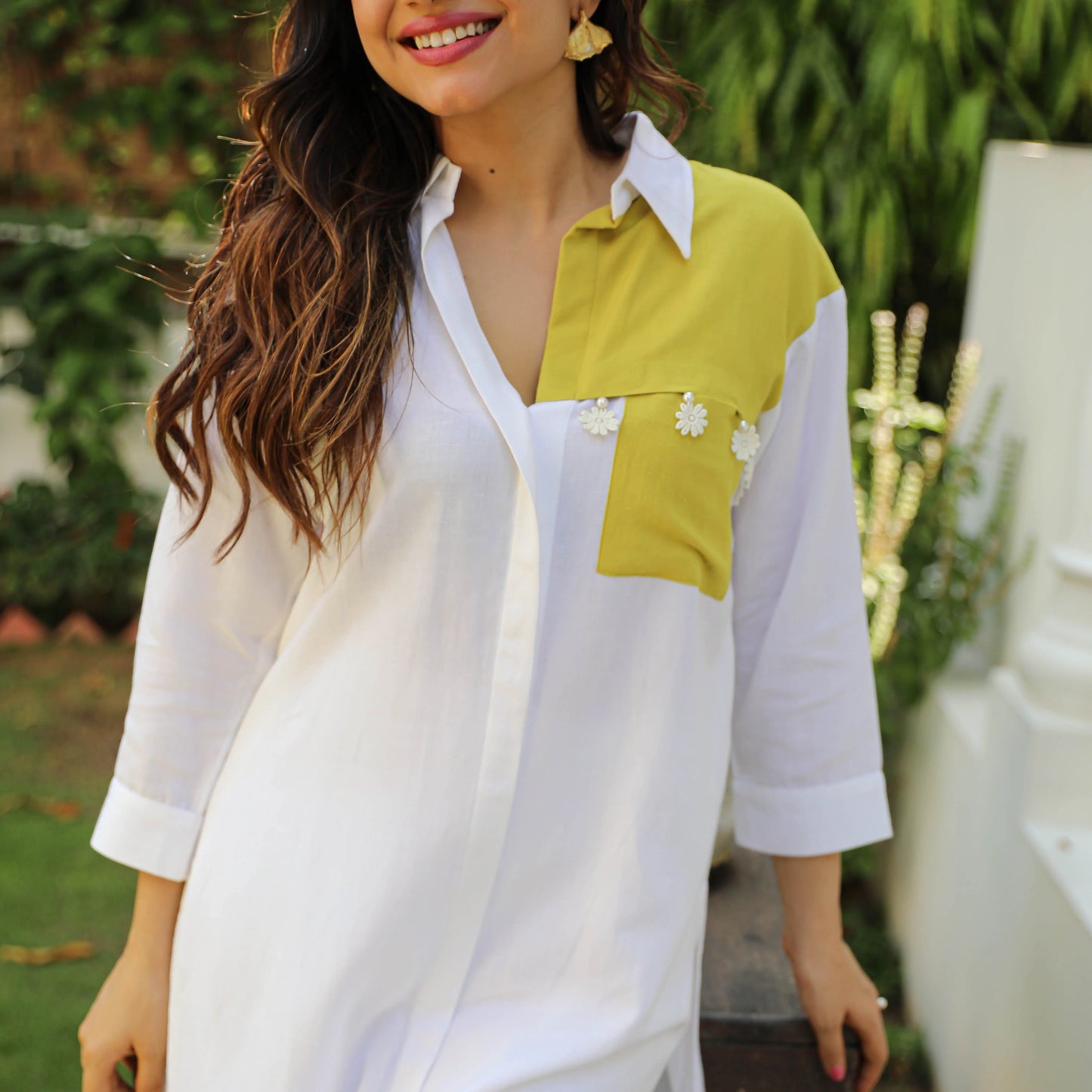 "Rekha" - White & Lime Color Block Shirt Co-ord Set