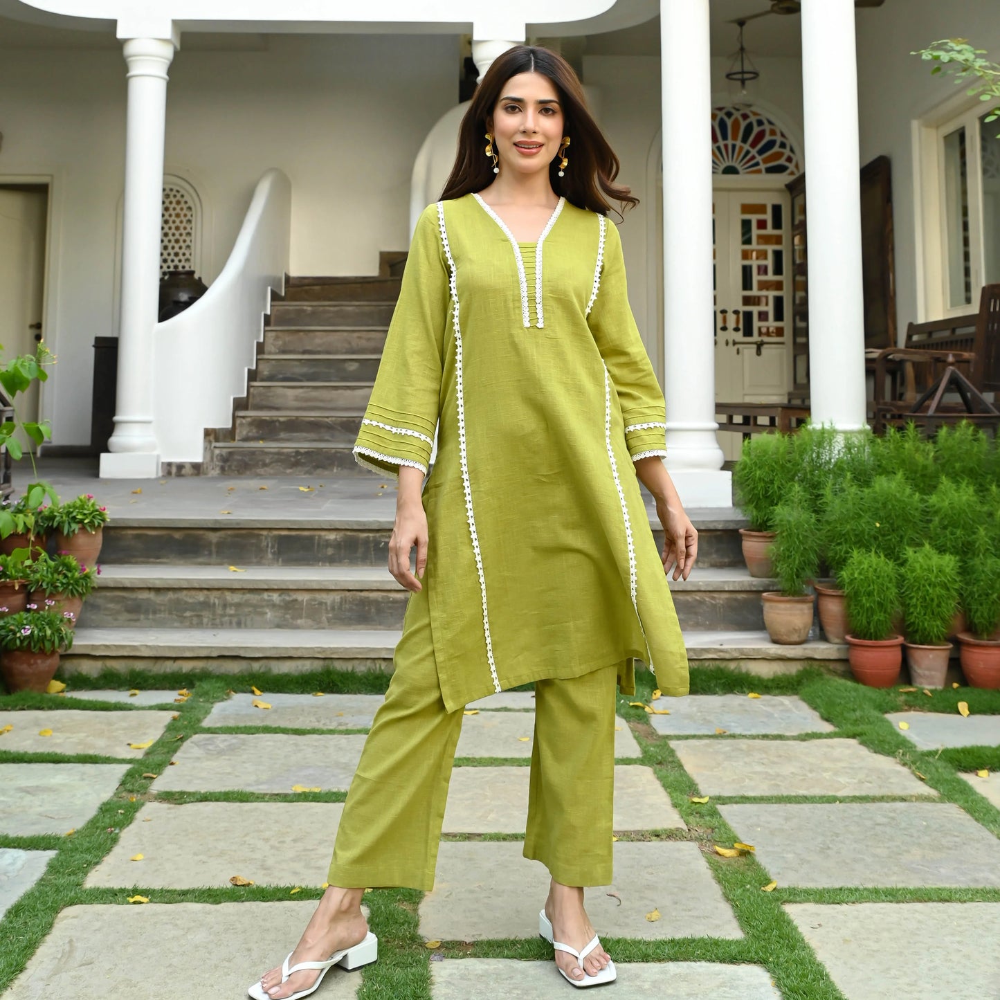 Cotton Co-ord Set – Mustard Green Elegance