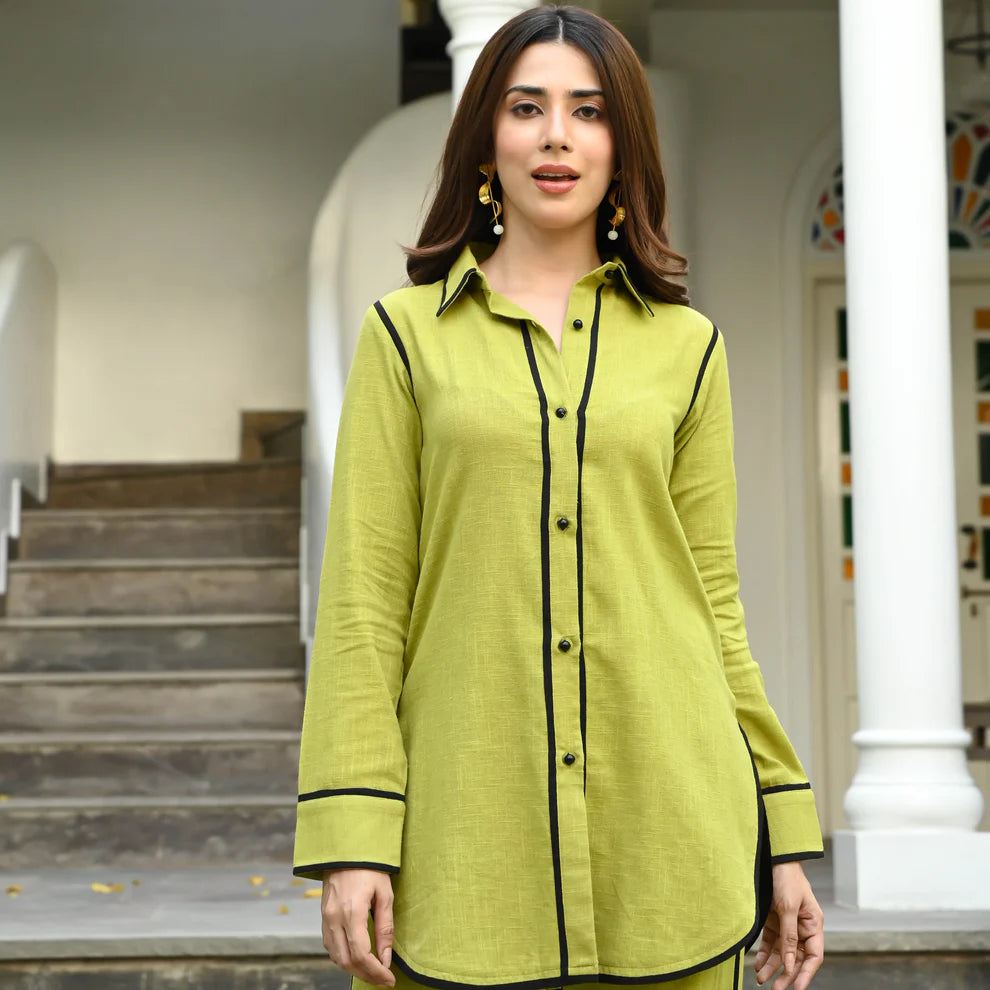 "Zehra" - Lime Green Cotton Shirt & Pants Co-ord Set with Contrast Piping