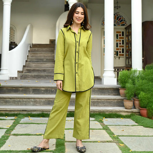 "Zehra" - Lime Green Cotton Shirt & Pants Co-ord Set with Contrast Piping