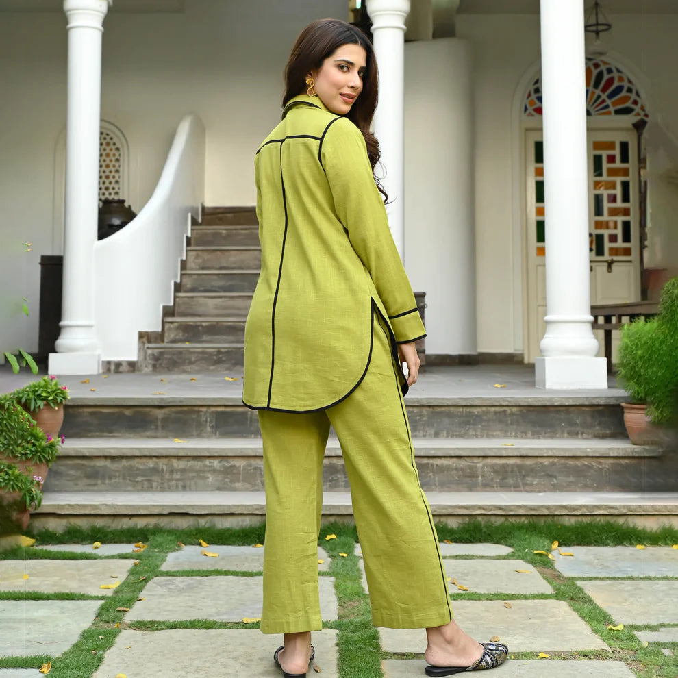 "Zehra" - Lime Green Cotton Shirt & Pants Co-ord Set with Contrast Piping