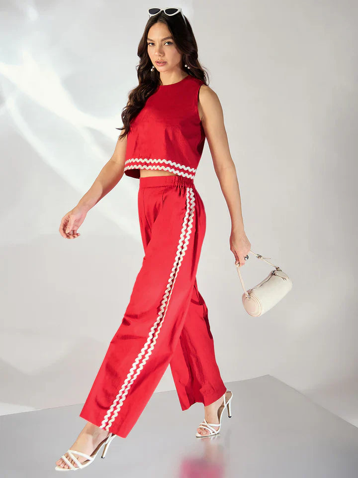 "Shalini" - Modern Sleeveless Cotton Crop Top & Wide Leg Pants Set