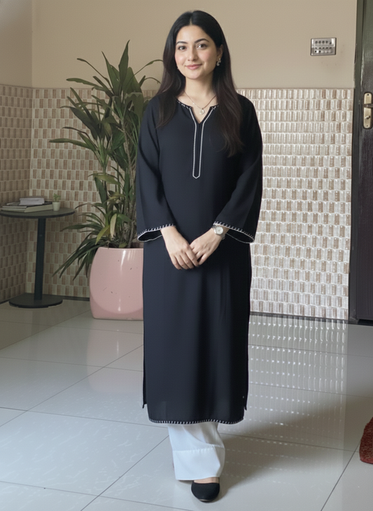 "Samita" - Black Rayon Kurta Set with Contrast White Piping